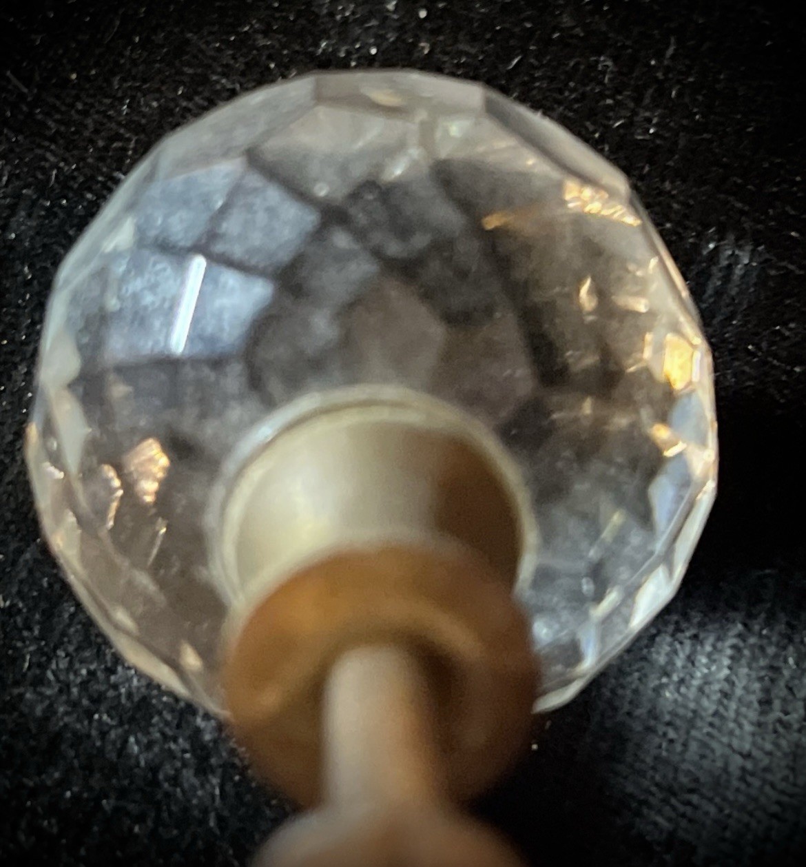 Pair Vintage clear faceted crystal ball doorknobs drawer pulls with brass base