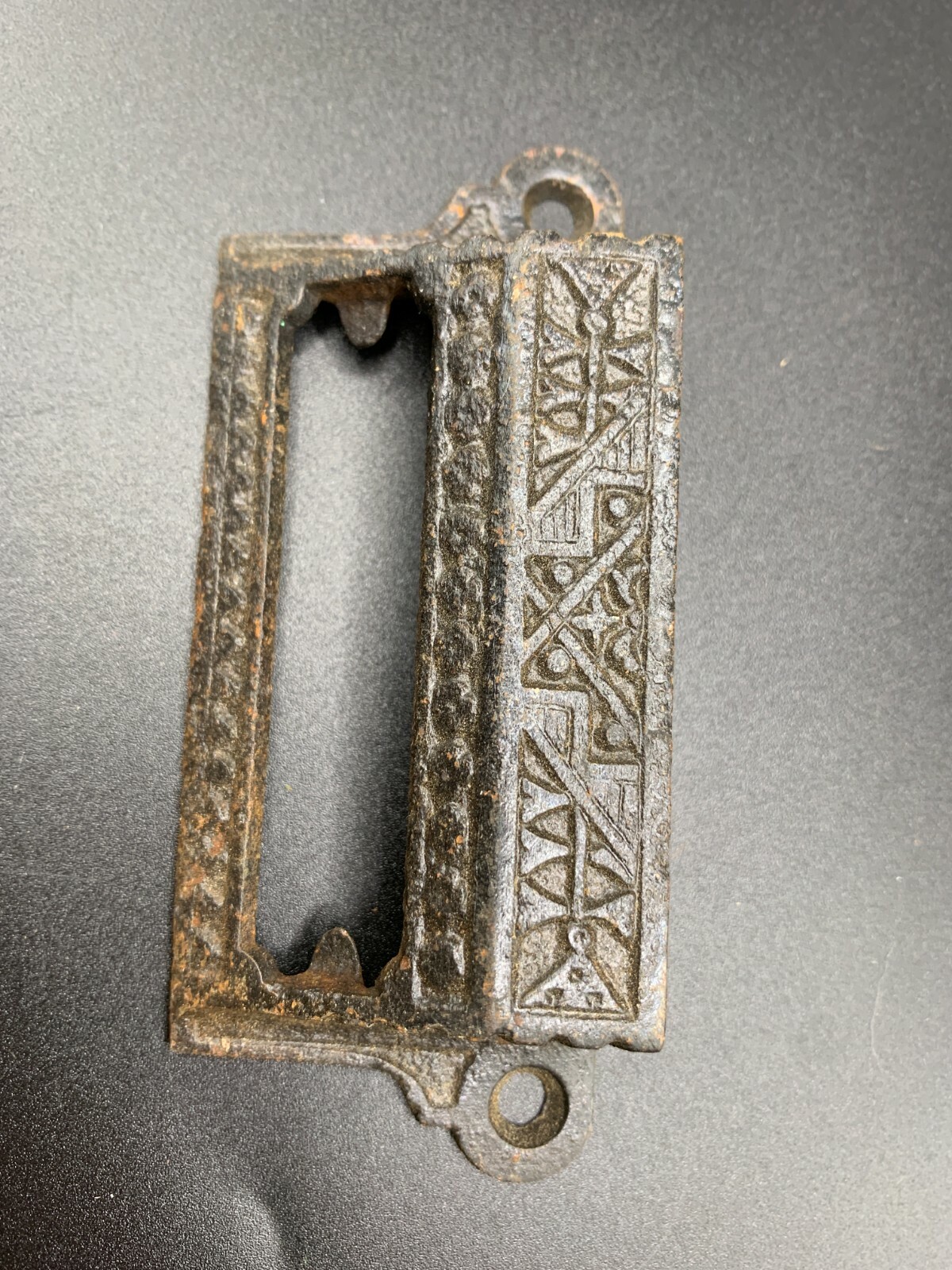 Antique Ornate Eastlake rectangular drawer handle pull with window cast Brass