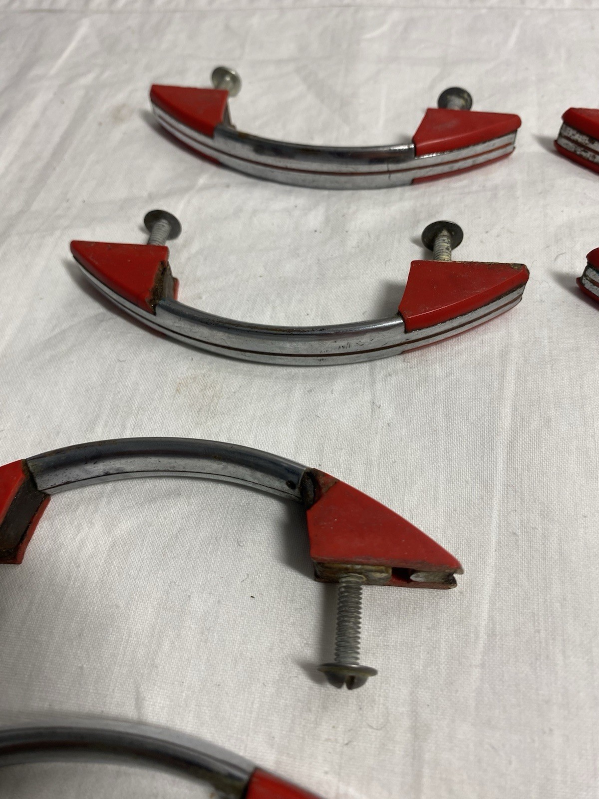 12 Vintage ART DECO MCM Diner Style Cabinet Handles Pulls Chrome Red Nice