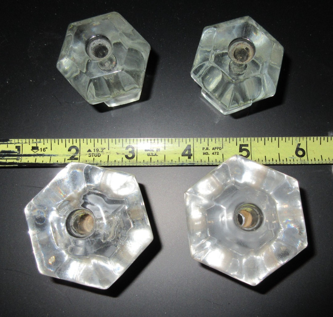 4 Vintage 6 sided 2 sizes Glass Crystal Cabinet Knobs Drawer Pulls