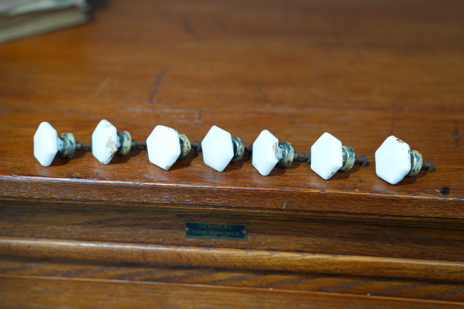 Vintage Dental Medical Cabinet Milk Glass Drawer Knob Pulls Hex Shape Hardware