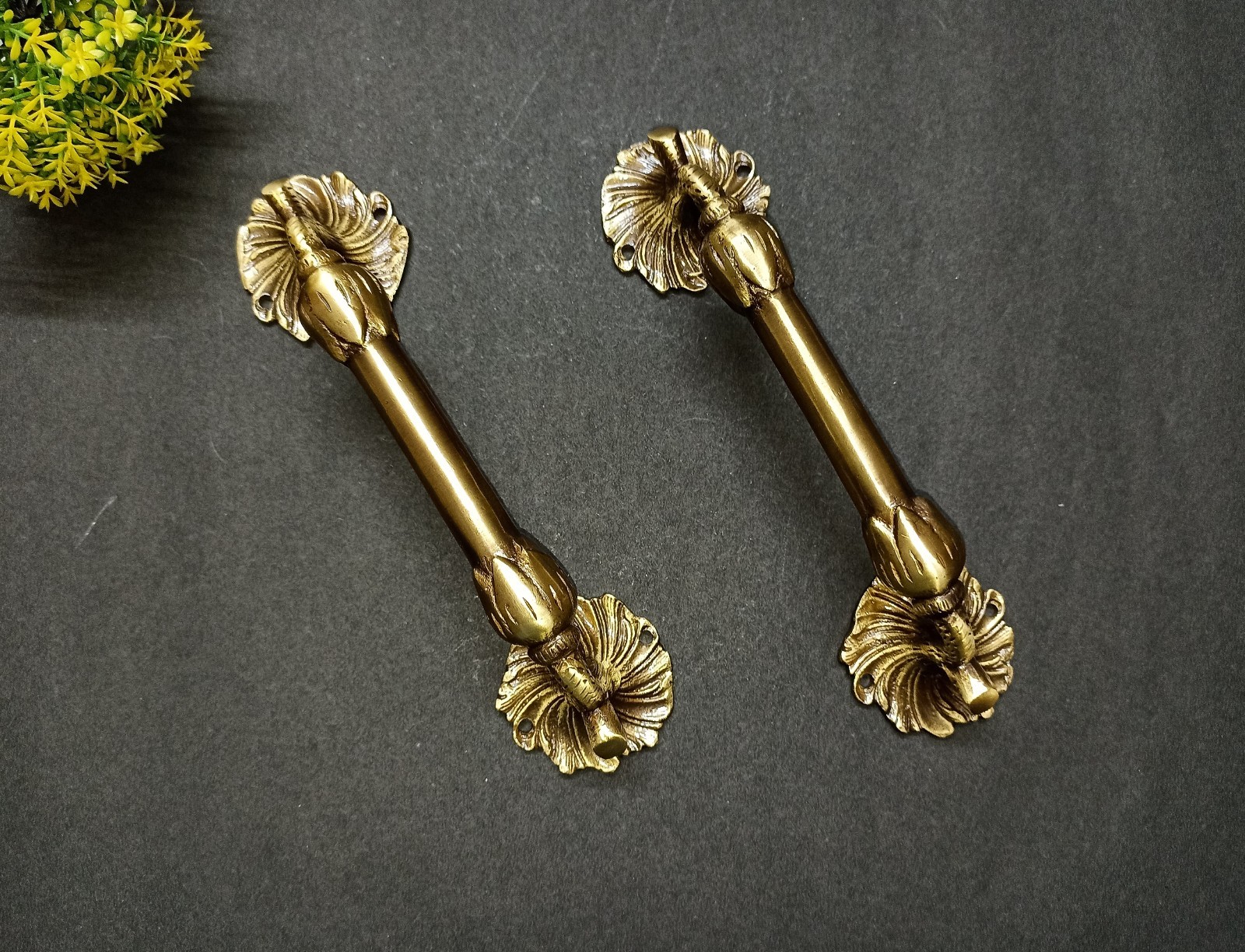 Lacquered Brass Flower Base Door Pull Floral with Twigs Design Handle Pair GTX