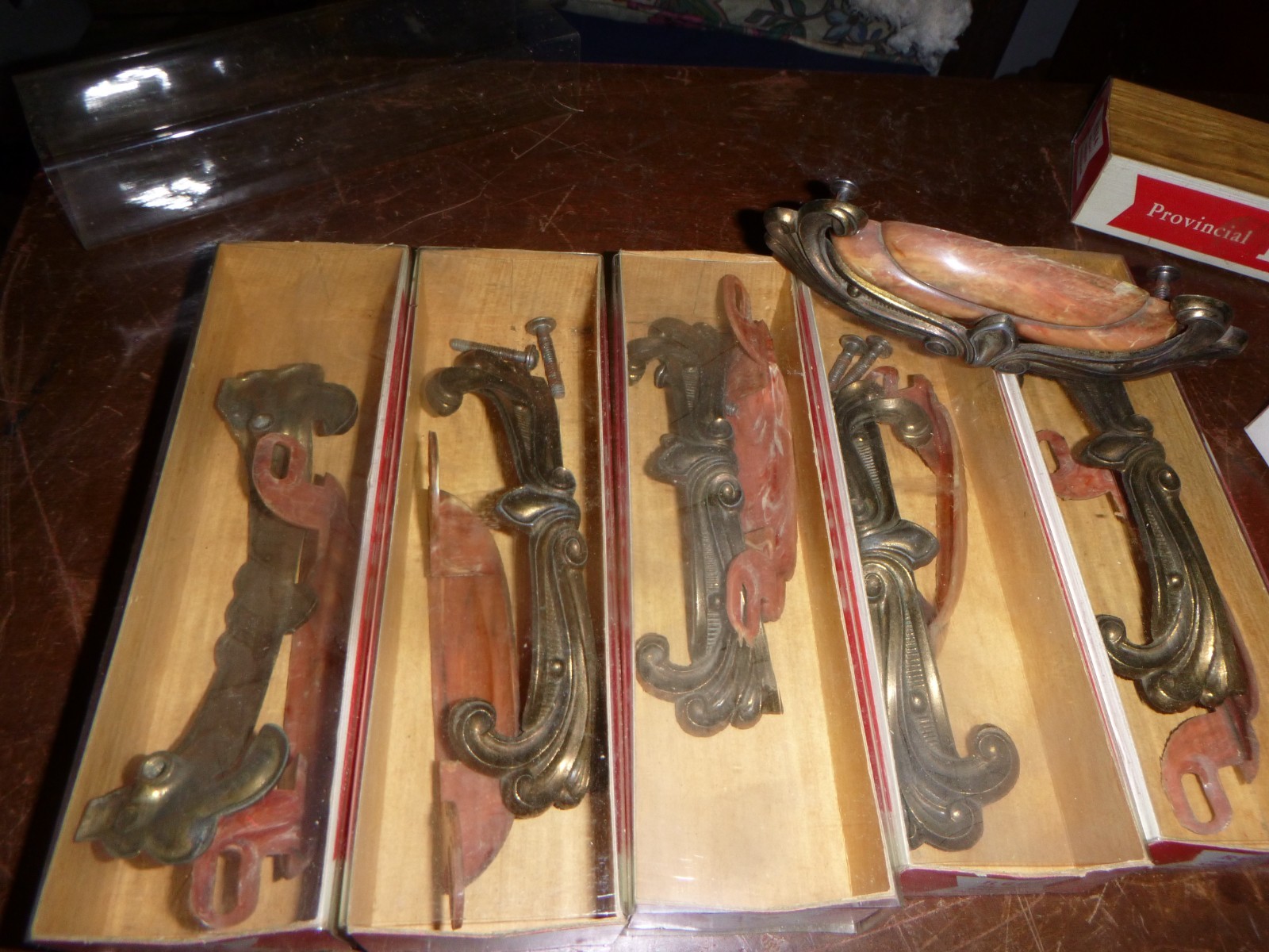 Eight Boxed Bakelite Medalists Waterfall Select-a-Pak Provincial Drawer Pulls.