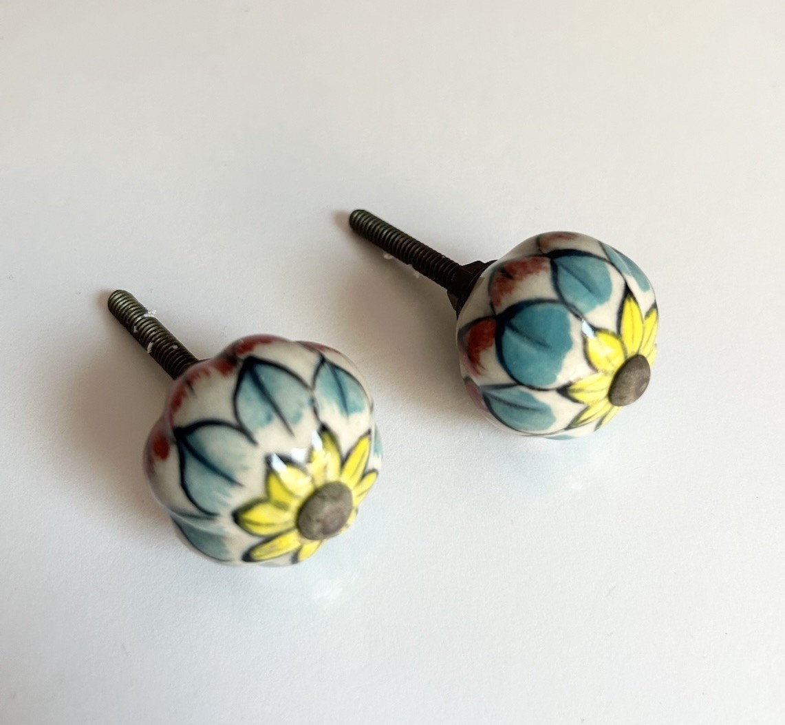Vintage Floral Ceramic Brass Pull Knobs Cabinet Dresser Knobs Drawer