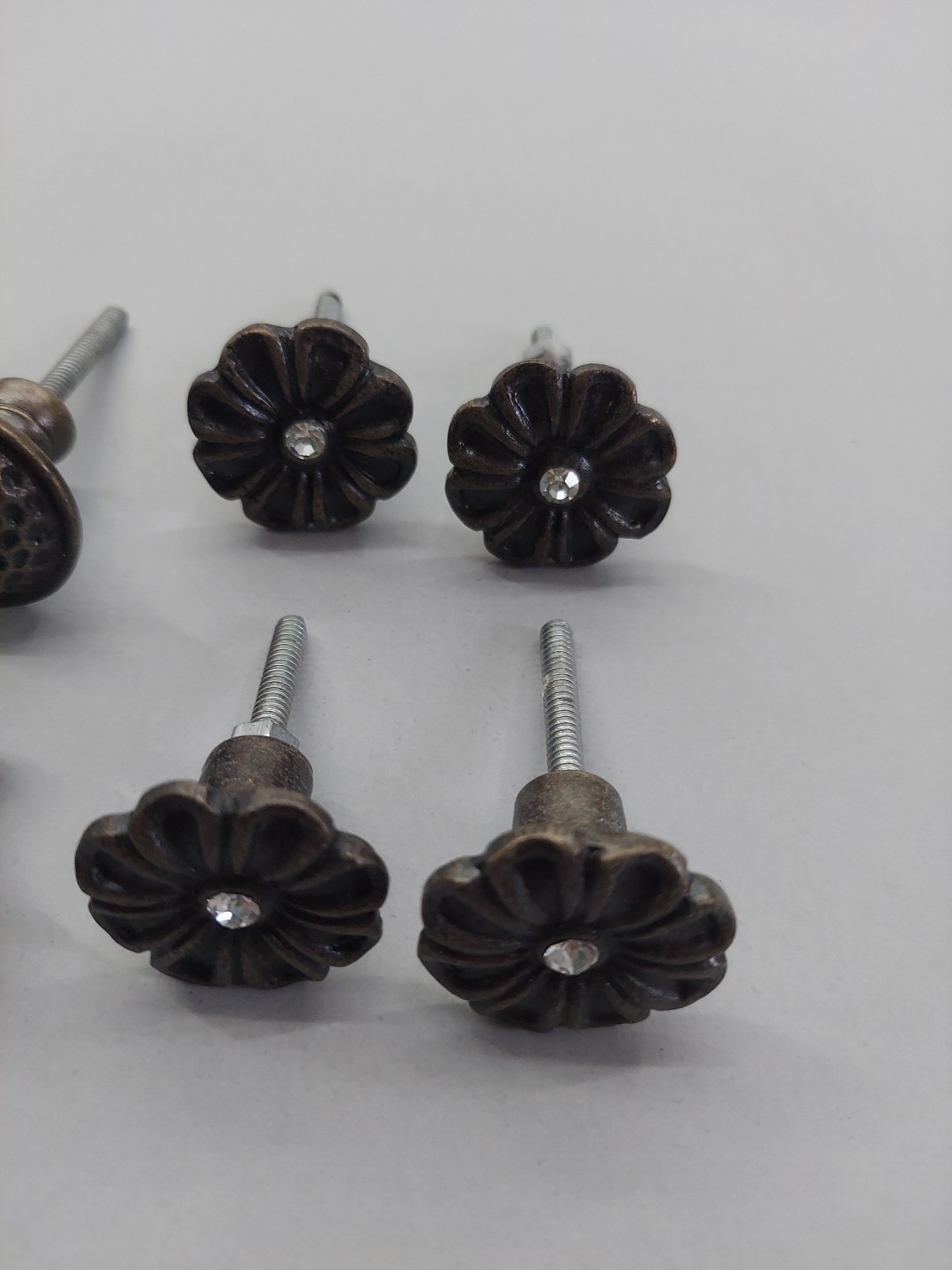 Lot 8 Metal Knobs Drawer Pulls Ornate Floral Embellished Brown Rhinestone