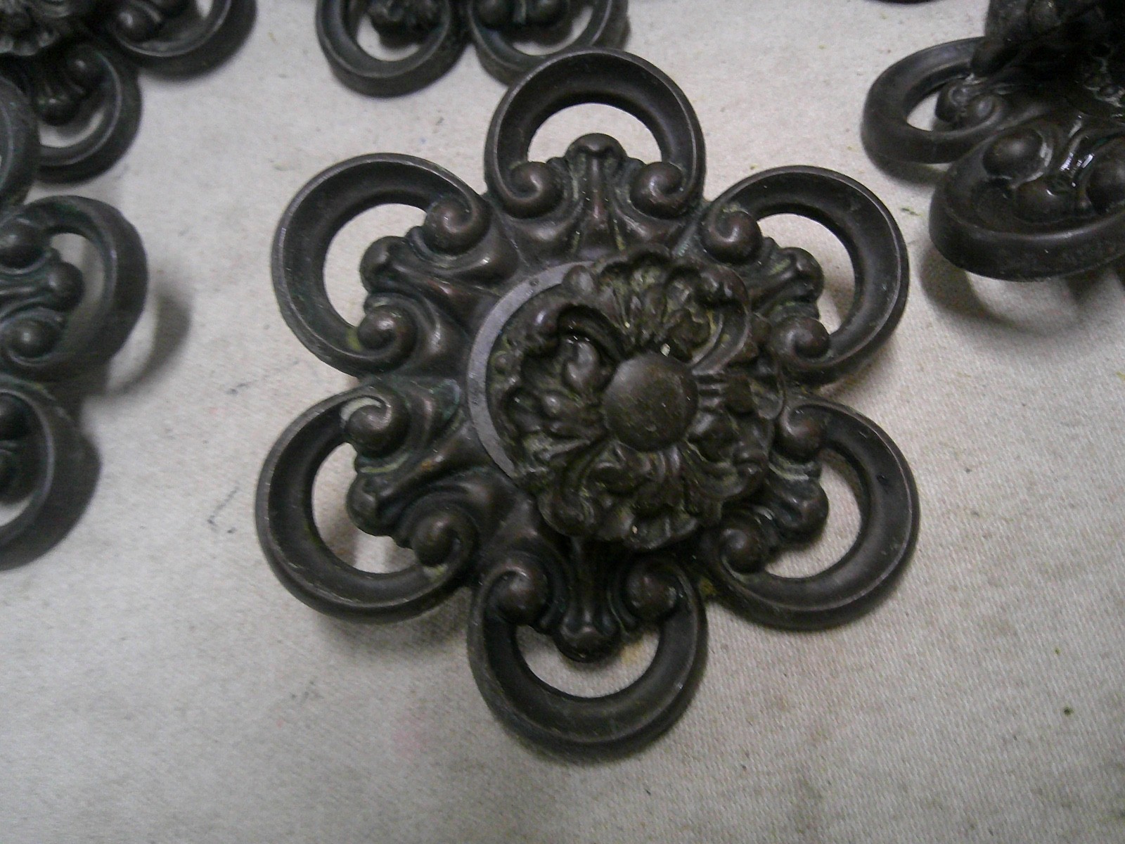 8 Large Romantic vintage drawer pulls handles rosette floral design Ornate OLD