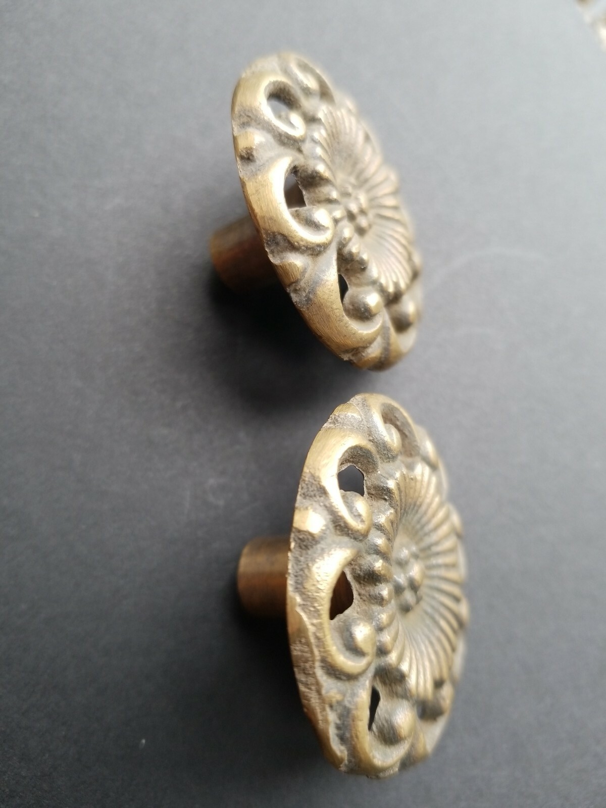 2 Antique Style Solid Brass ROUND KNOBS Ornate FLORAL 1-5/8″ dia. #K24