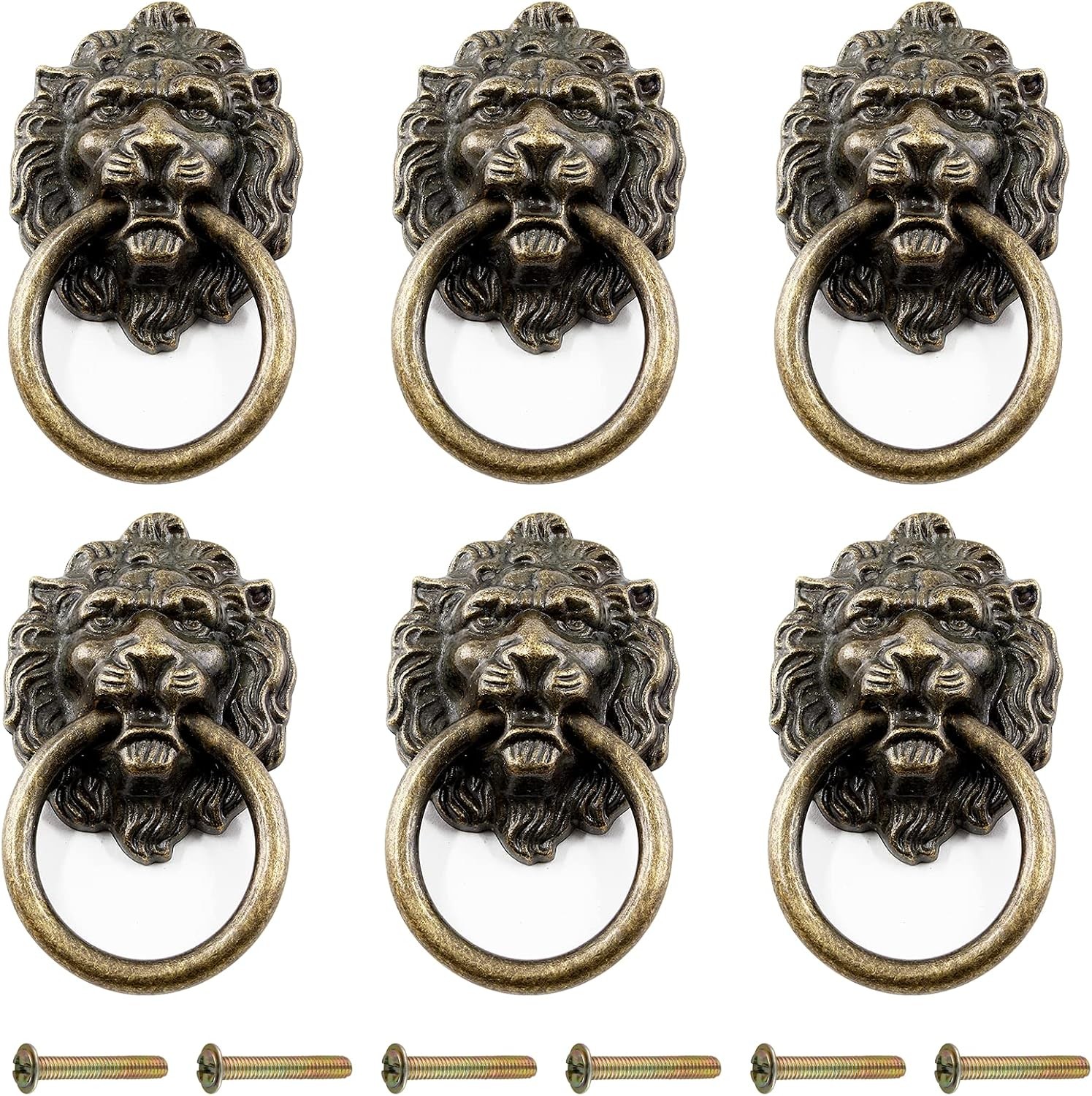 6 Pcs Lion Head Knobs Pull, Antique Bronze | Ring Pull Handles, For Dresser Draw
