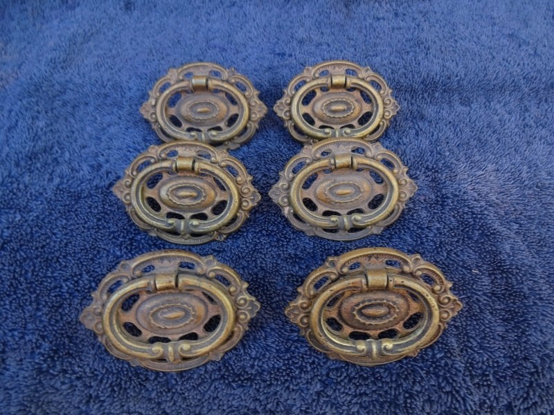 Vintage KBC Cast Brass Ornate Drawer Pulls Lot of 6 Drop Bail w/Mount Screws