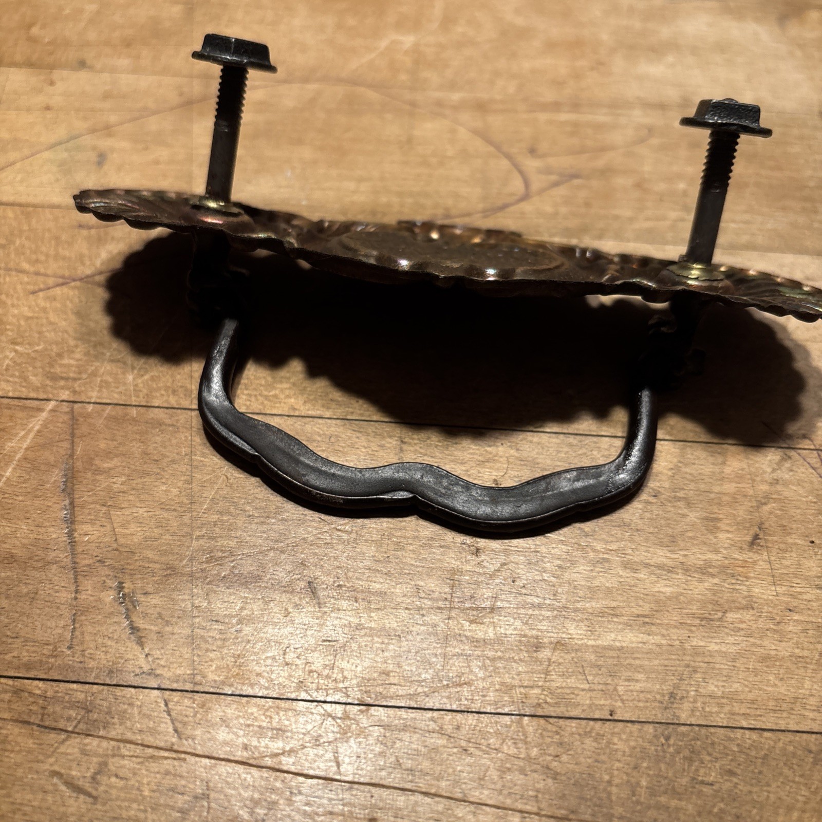 ANTIQUE Pair Of Brass Pressed Drawer Pulls Iron Bail 3” On Center