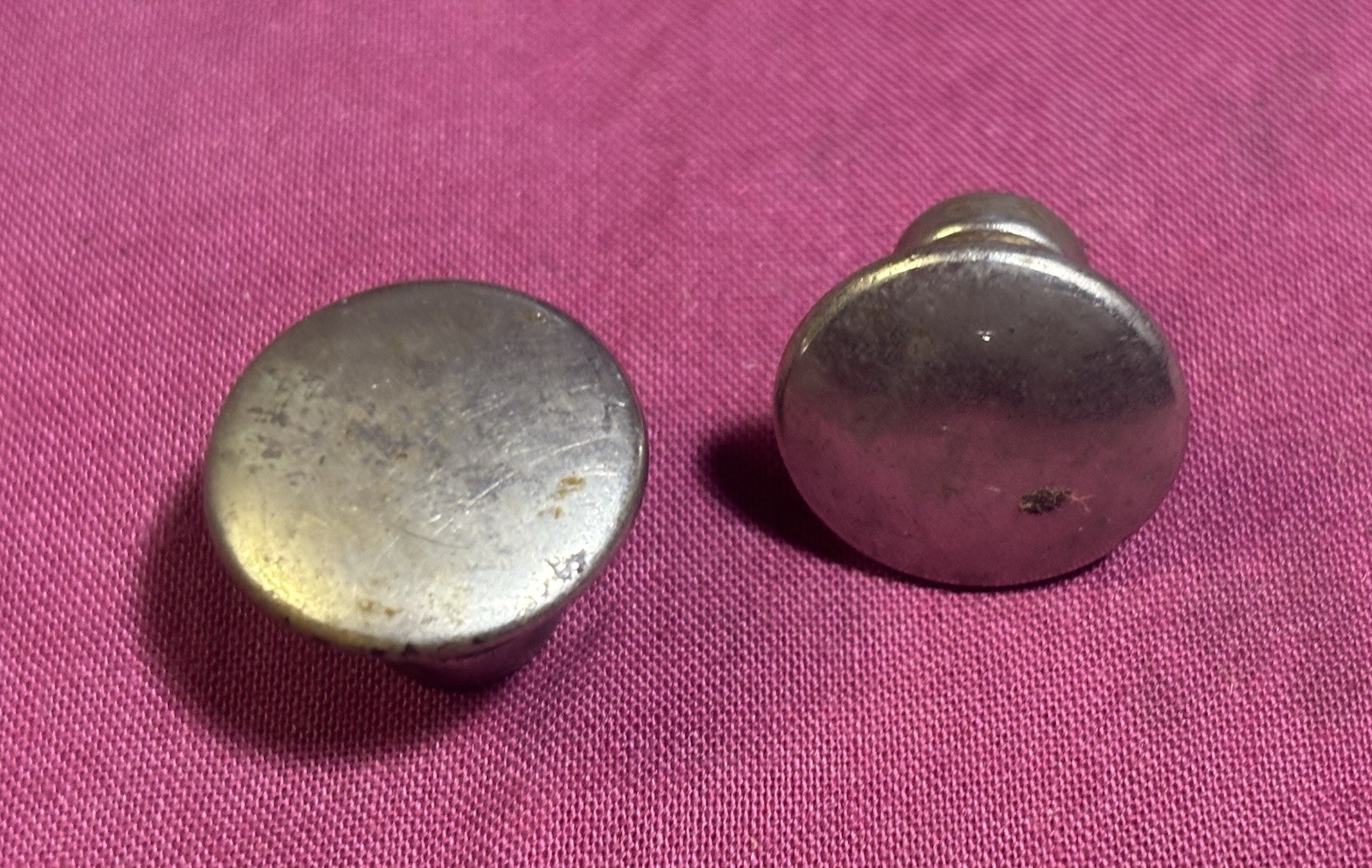PAIR NICKEL BRASS CIRCA 1920 Dime-Size Drawer Pulls Medical Dental Cabinet Type