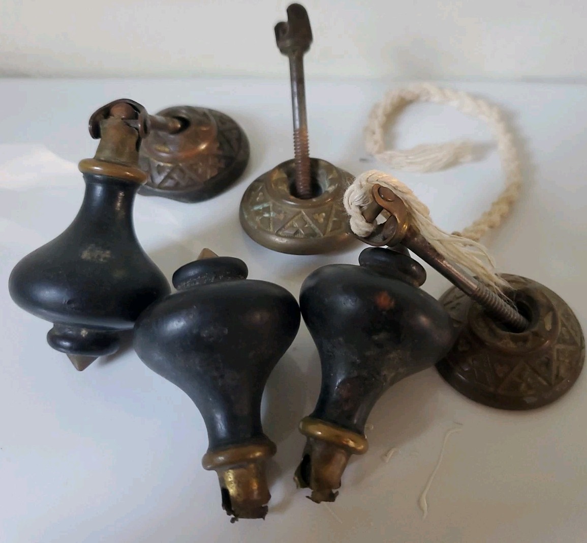Atq Victorian Eastlake Teardrop Drawer Pulls Set 12 Black Wood & Metal + Extras