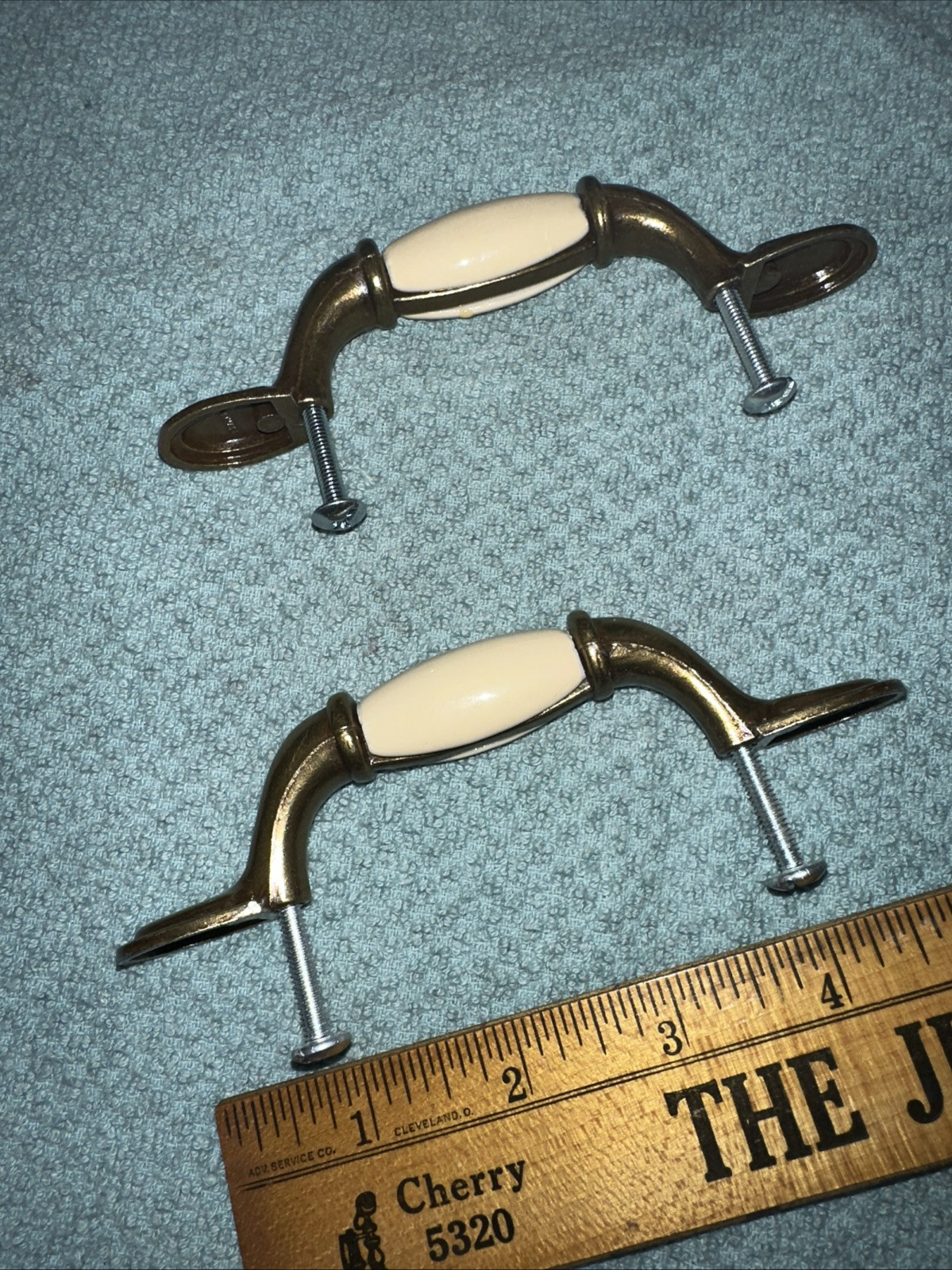 Cast Brass & Porcelain Drawer Handle Pulls Bureau Cabinet Door Elegant Cream