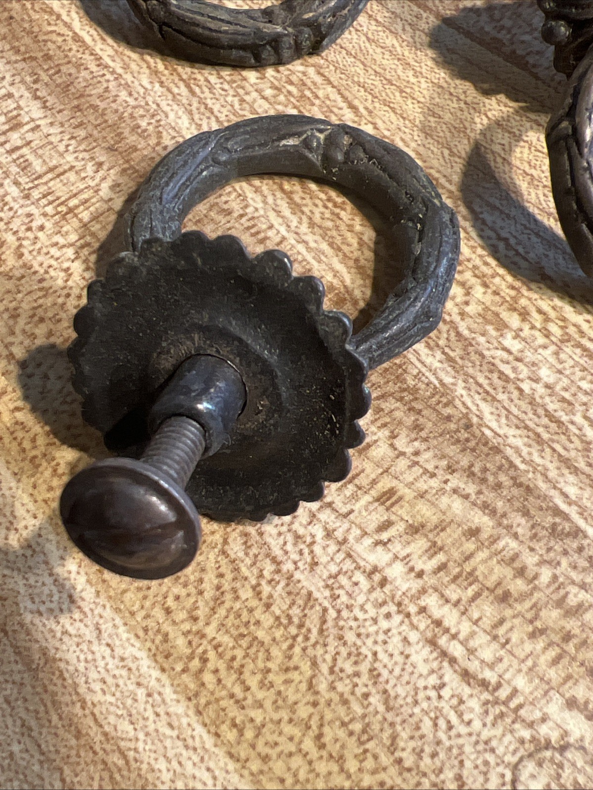 5 Vintage Antique Drop Pull Drawer Dresser Hardware Brass Ring 2” With Screws