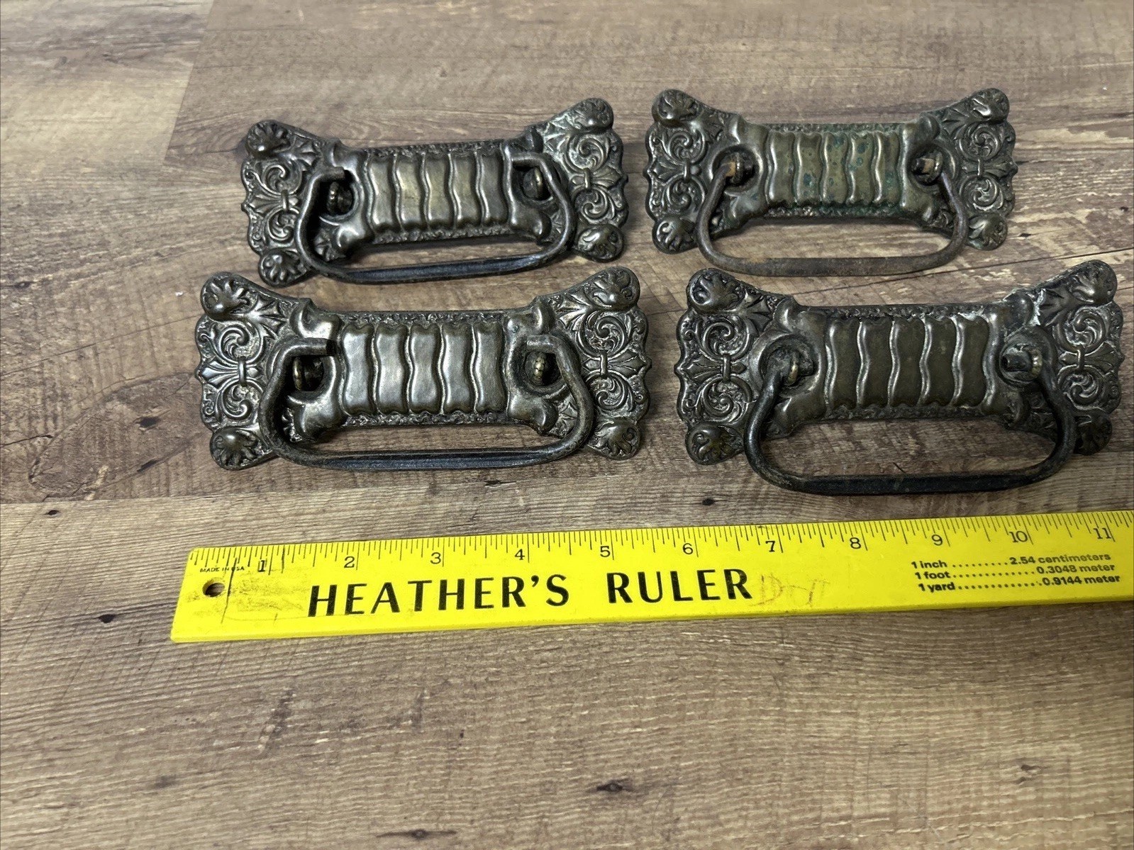Set of 4 Ornate Victorian Stamped Drawer Pulls Bail Handles Vintage Brass