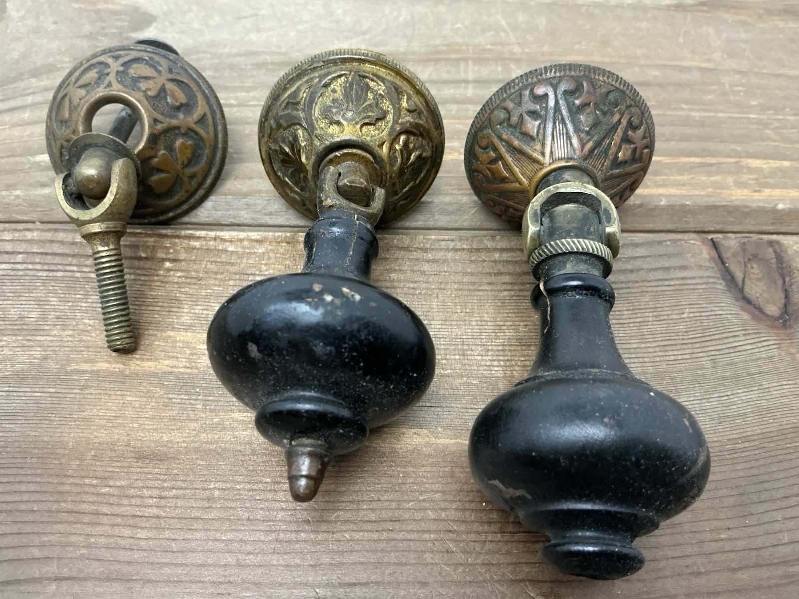 2 Antique Drop Drawer Pulls, Parts Brass Black Wood Teardrop Victorian/Edwardian