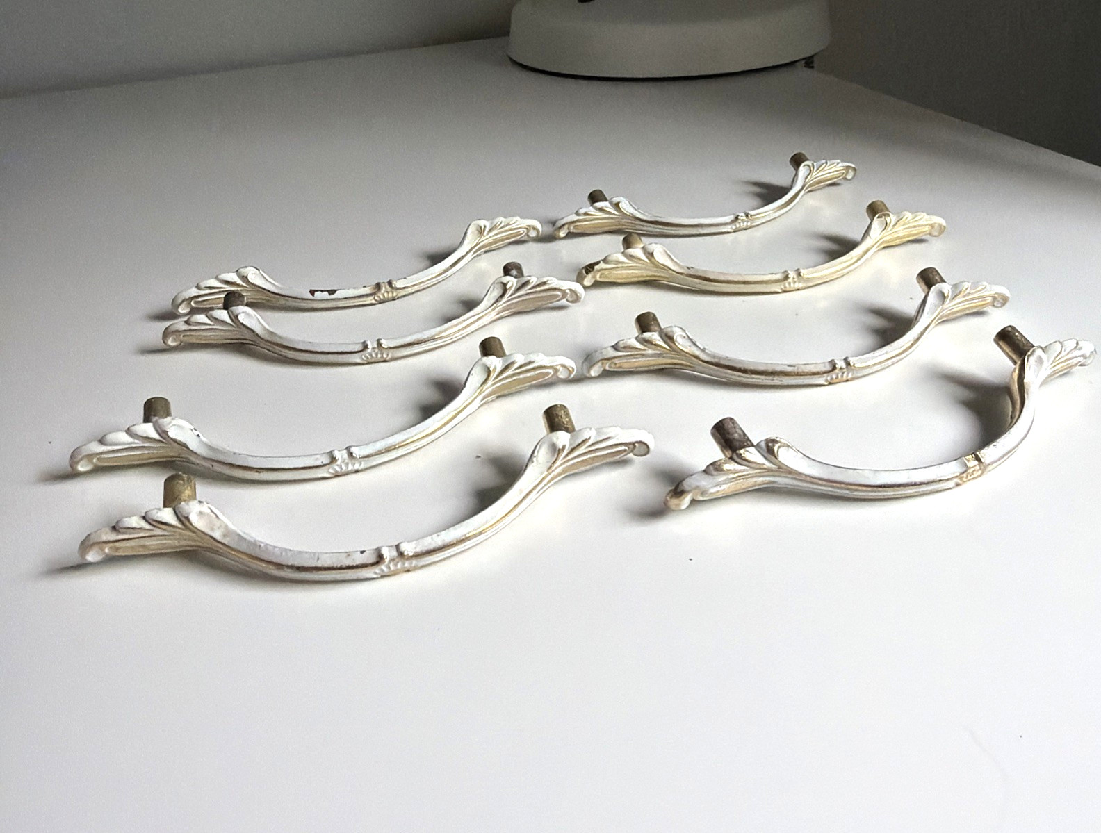 Vintage AJAX 989 8 Handles Cabinet Drawer Door Pull Gold White 3″ OC French Pro