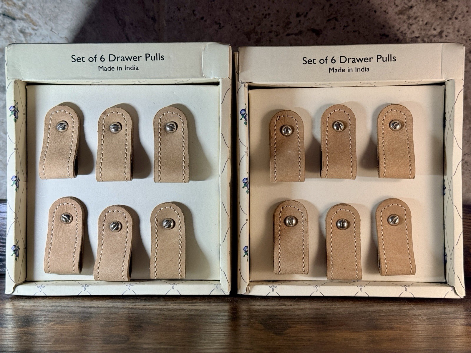 Set of 6 Beige Leather Drawer Pulls Made in India Metal Hardware