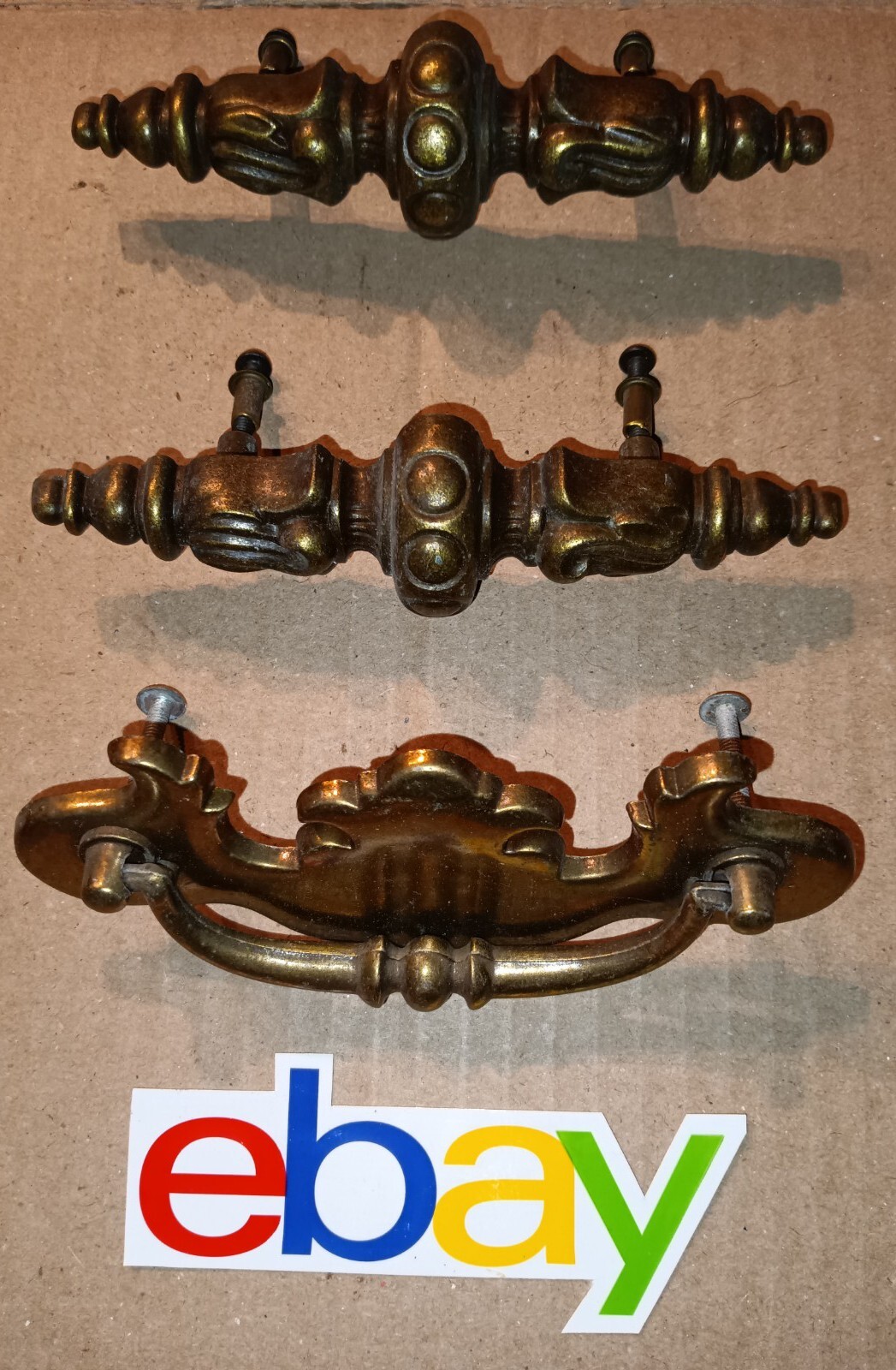 3 VINTAGE ANTIQUE LARGE BRASS DRAWER PULLS 5 1/2″ & 6″ R32372 EXCELLENT