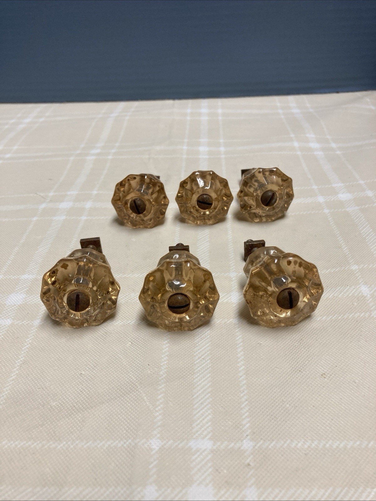 Vtg Lot Of 6 Glass Drawer Pulls Amber Color Hexagon