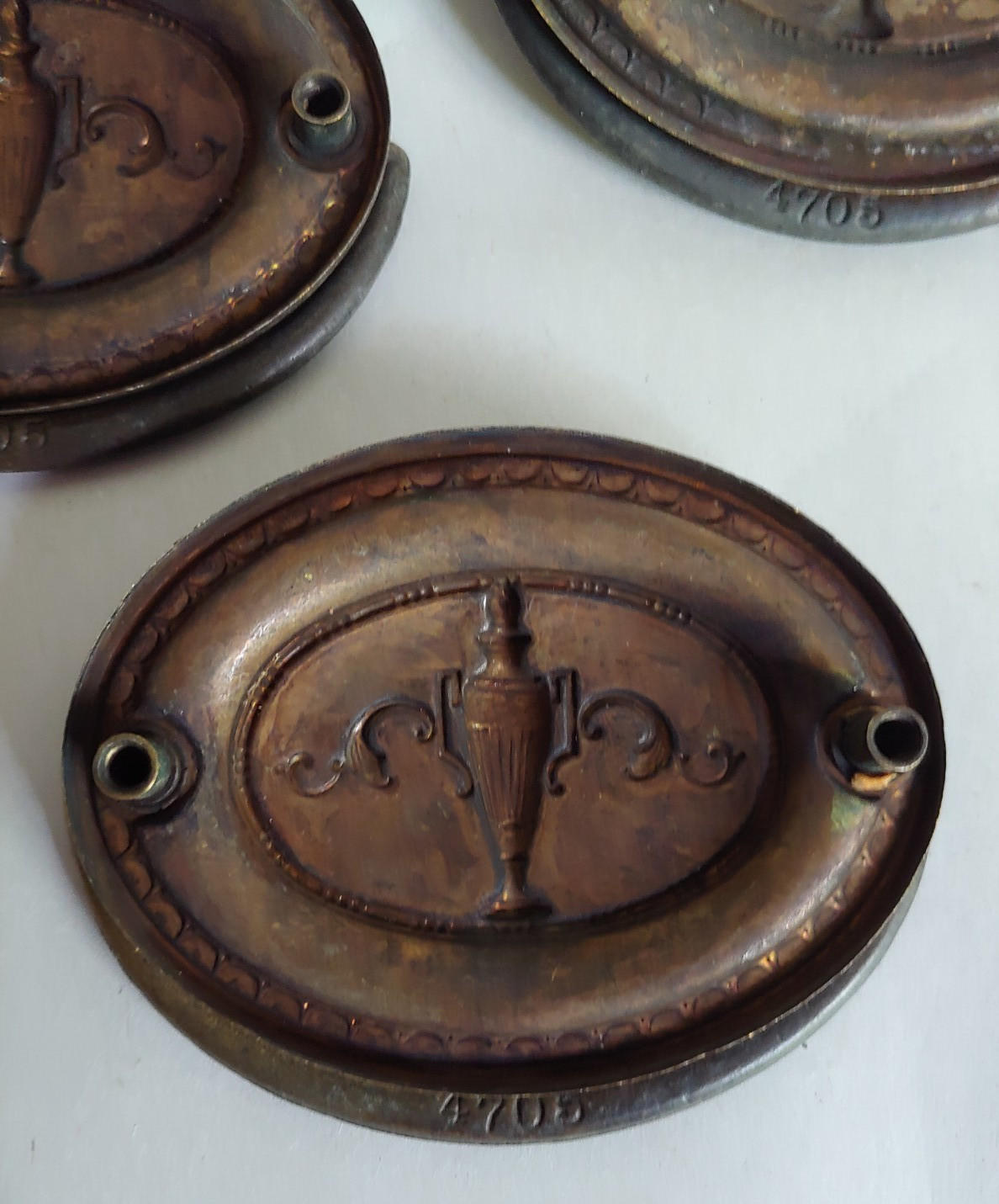 3 VTG/Antique Brass Drop Drawer Pull Oval Backplate Iron Drop Embossed Urn 1920s