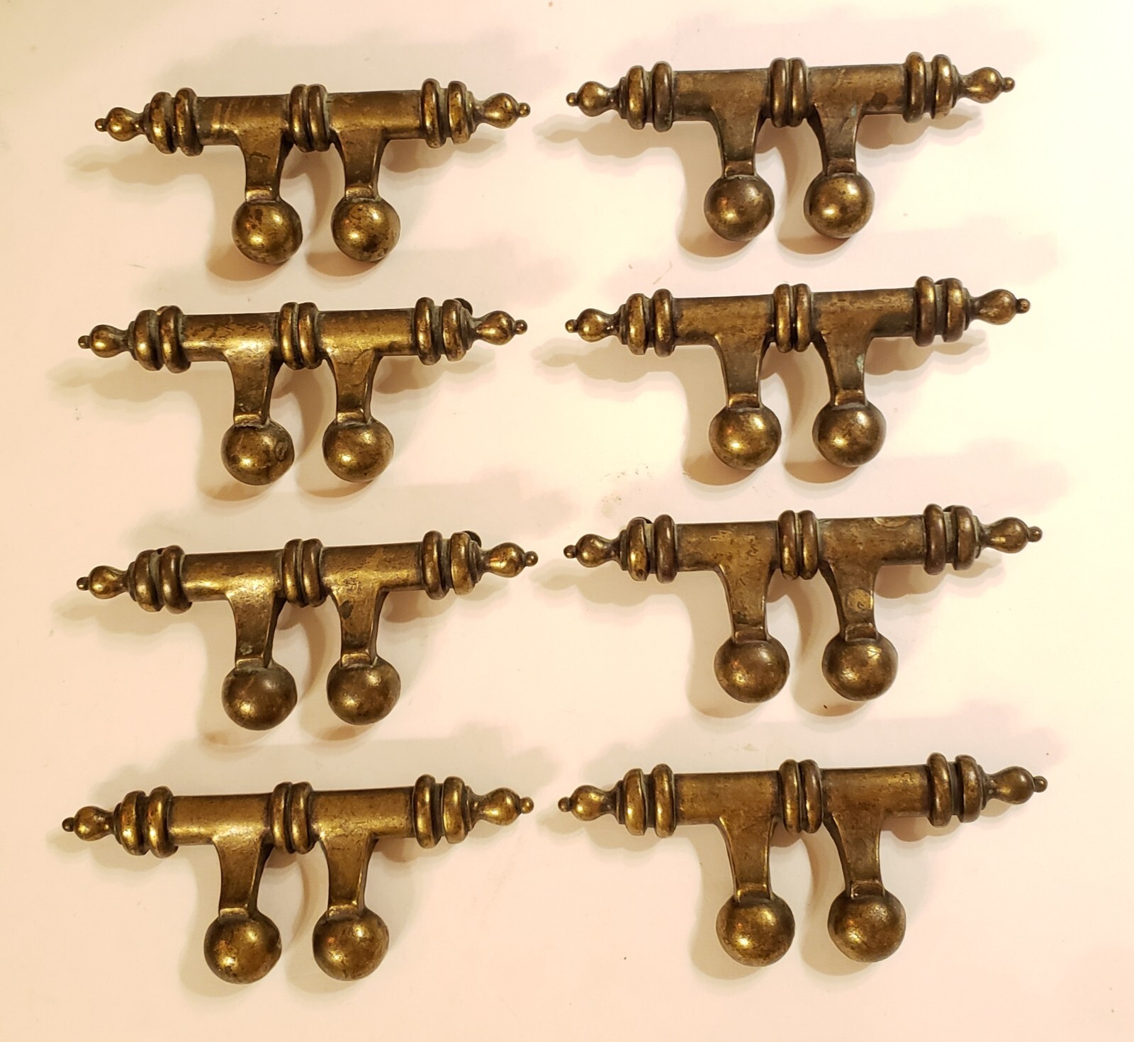 8 VTG Belwith Spindle Brass Drawer Pulls w/ Finger Cups 4″ Post Mounts 6″Long