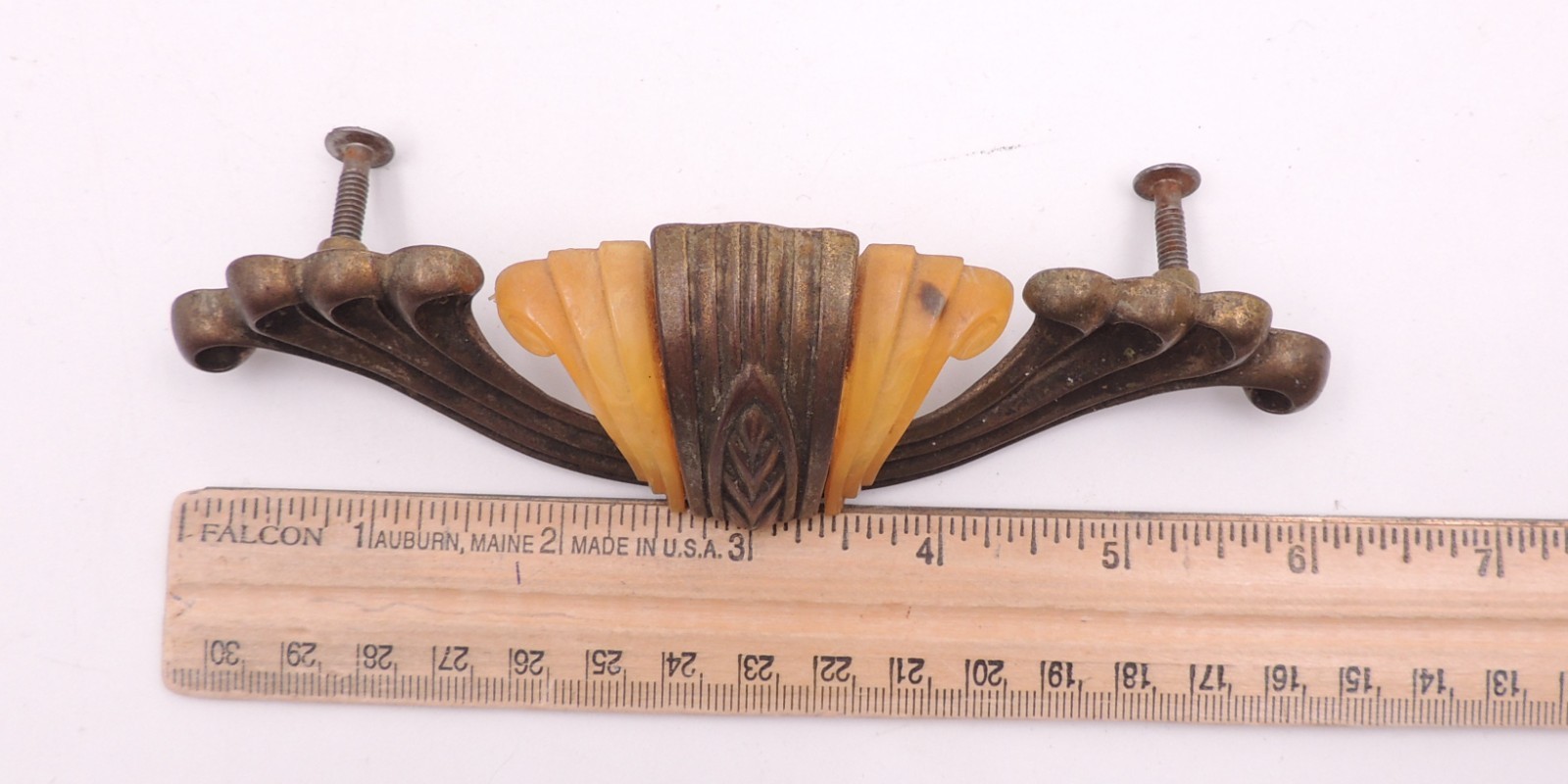 5 Art Deco Drawer Pull w/ Bakelite Vintage Knob Brasstone Waterfall Handle Set