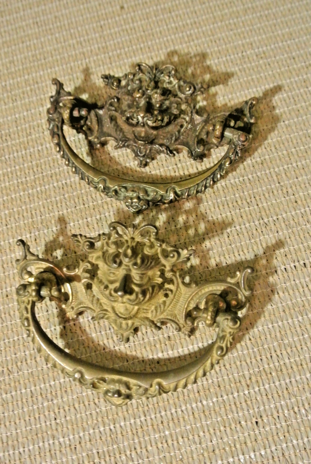 2 Antique Brass Lion Head Bail Dresser Drawer Pull Hardware Detailed Gothic
