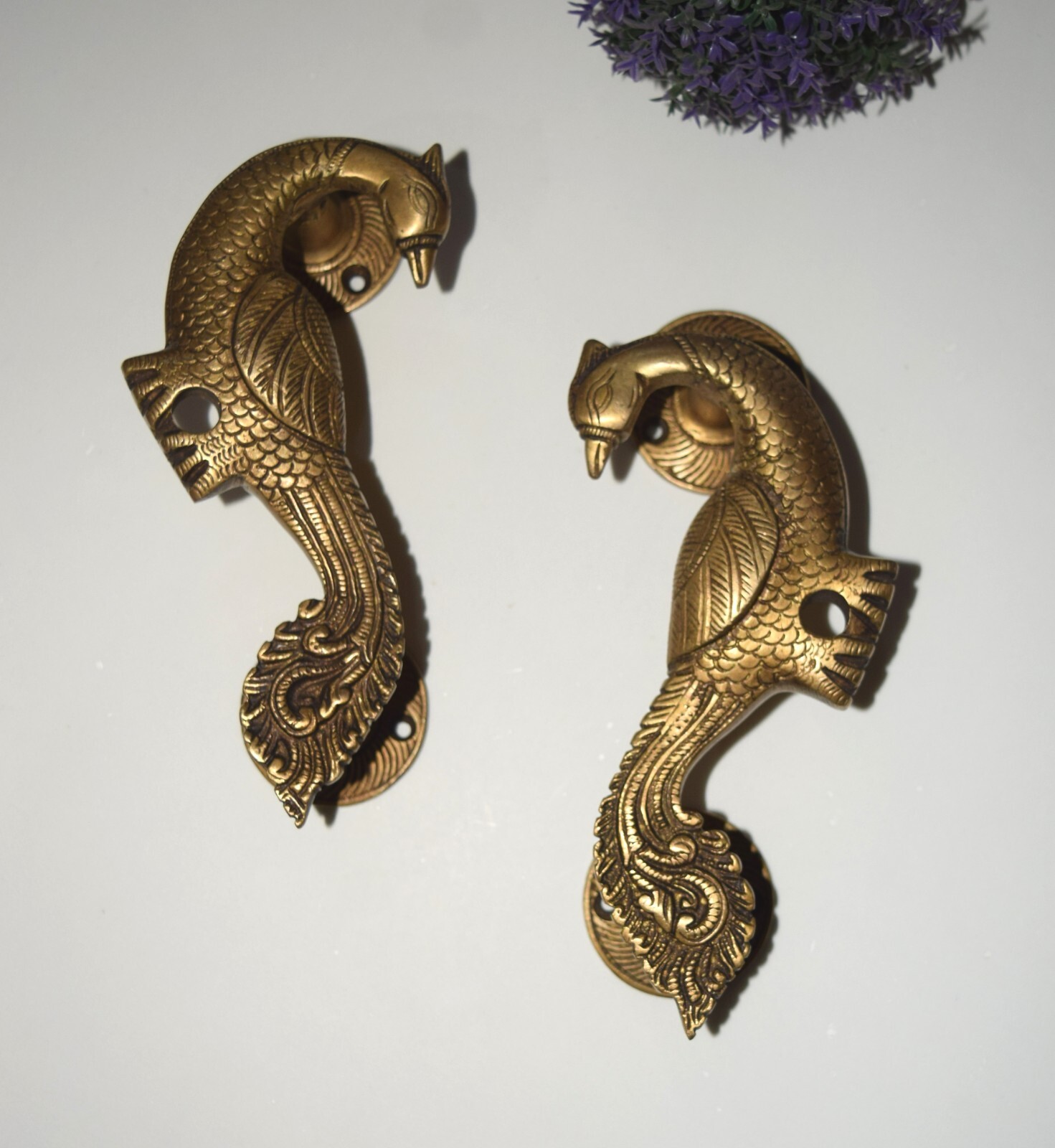 Curved Peafowl Engraved Front Door Puller Luxury Brass Peacock Door Handle HK246