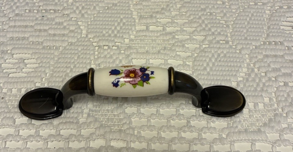 Vintage Ceramic And Brass Floral Design Drawer Pull