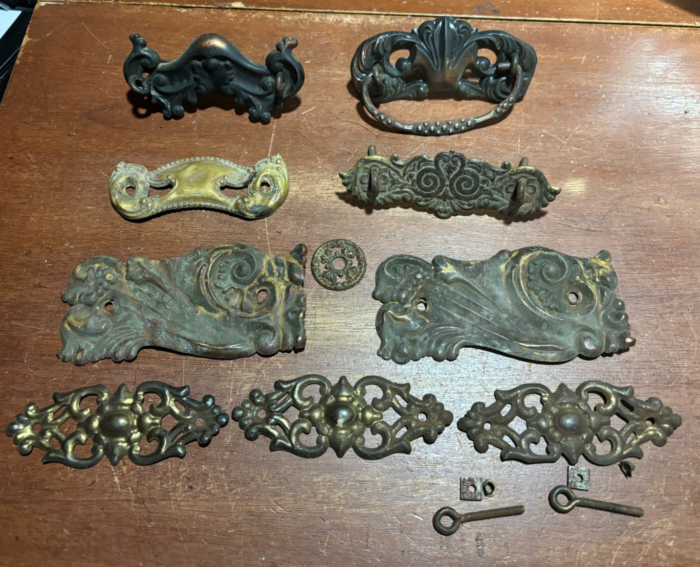 Lot of 9 Mixed Ornate Vintage Pressed Metal Drawer Backplates one with Pull