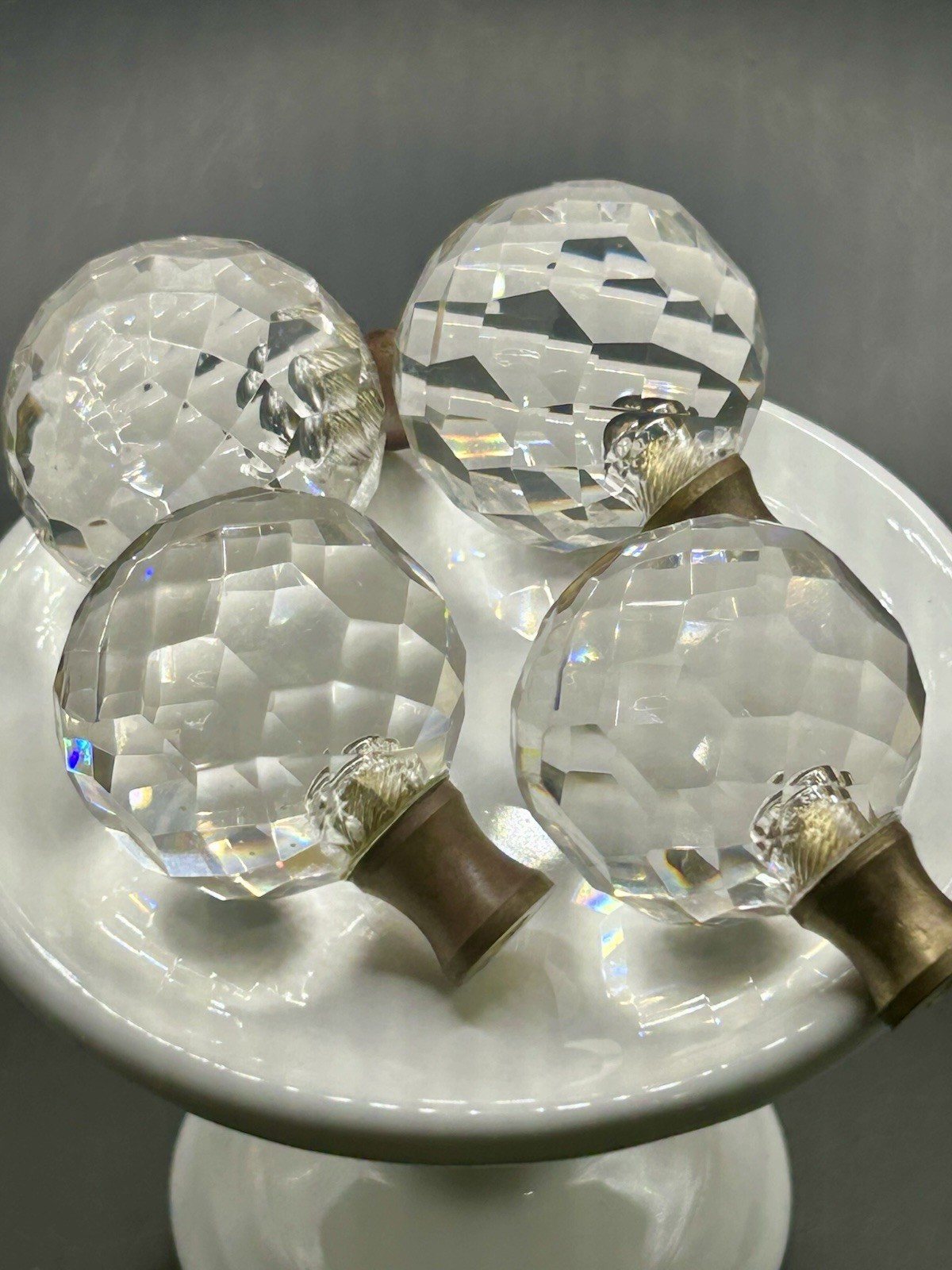 (4) Vintage Round Crystal Faceted Lamp Finials Drawer Pull Knobs/Brass Finish