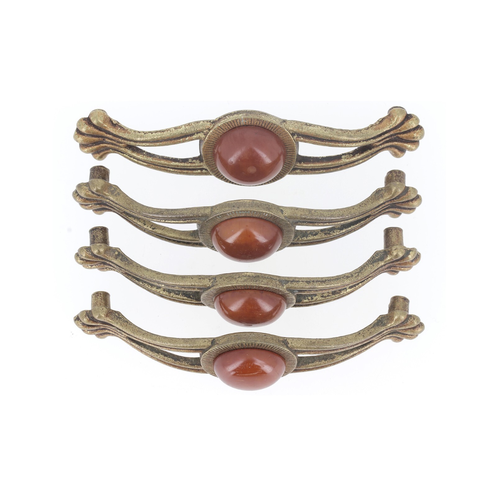 Brass ART DECO Drawer Pulls Cabinet Handles with Bakelite Cabochon Set of 4