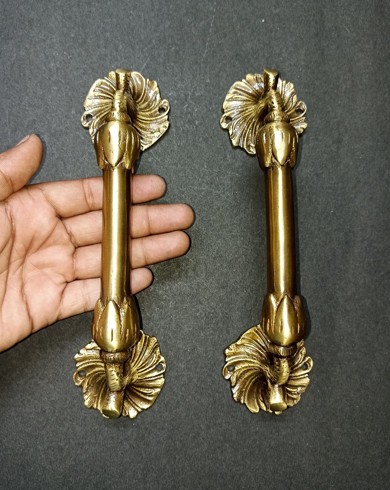 Lacquered Brass Flower Base Door Pull Floral with Twigs Design Handle Pair GTX