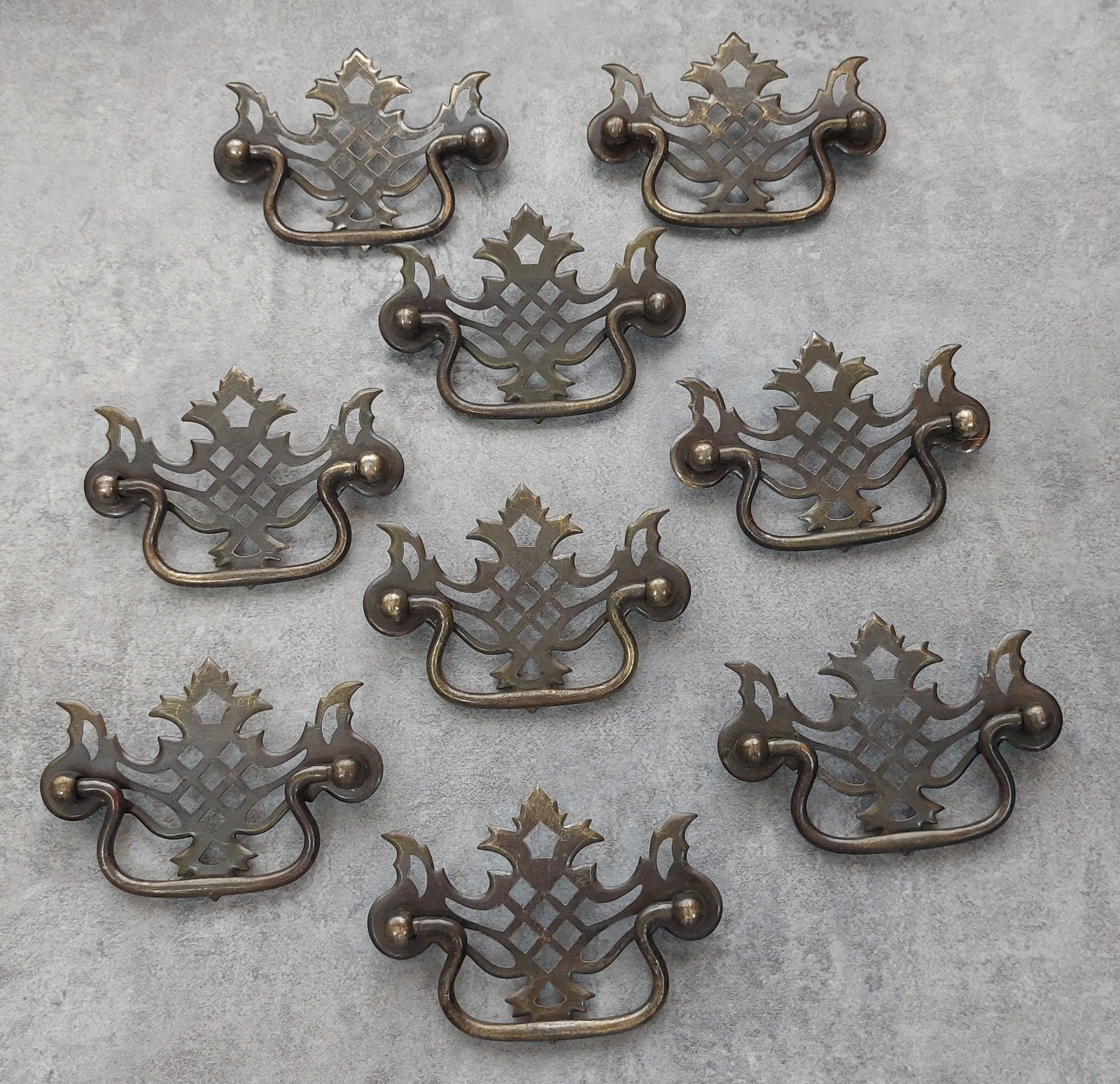 Antique Chippendale Batwing Pierced Drawer Pulls Set Of 9 Steel 3″ Bore
