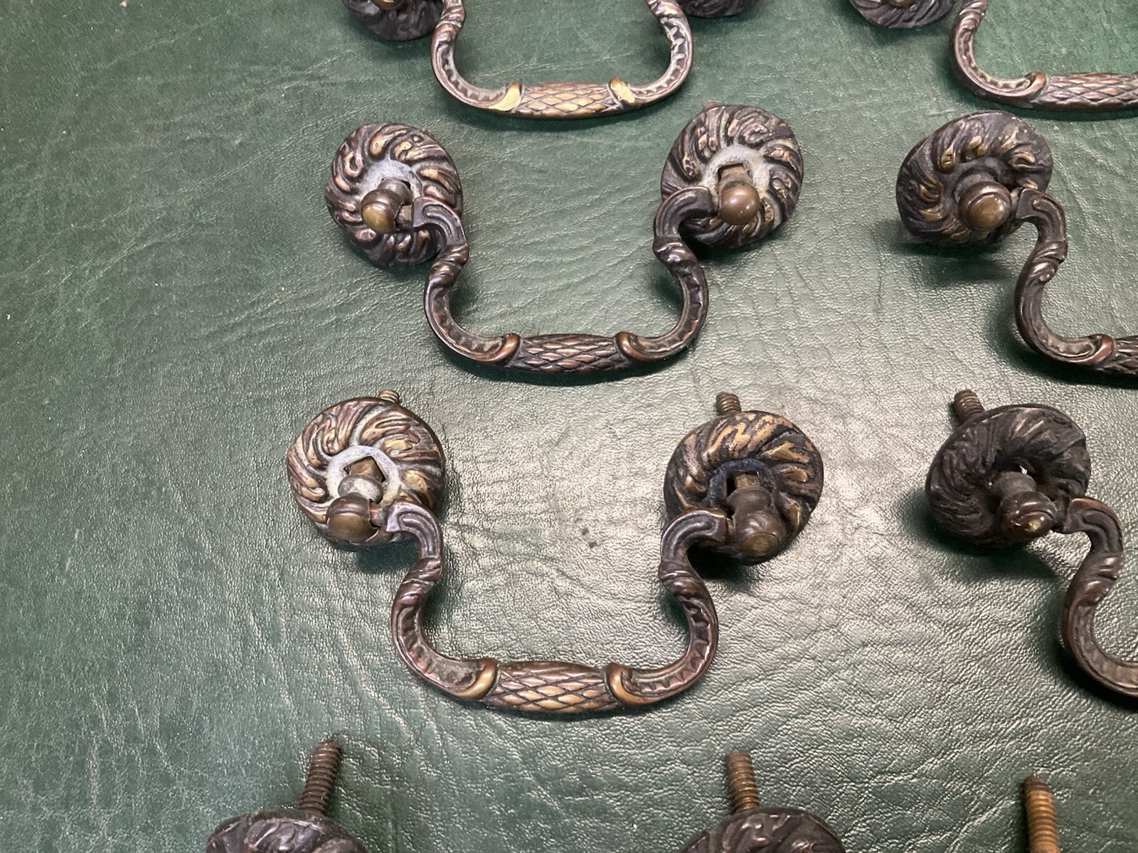 Set of 10 Antique Period Ornate Brass Drop Drawer Pulls Handles