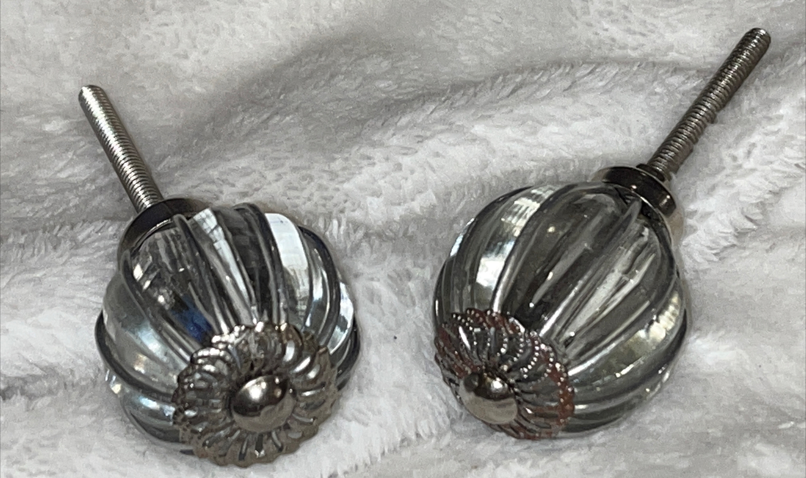 2 Clear Glass Drawer Pulls with Silver metal wrapping Around it, new