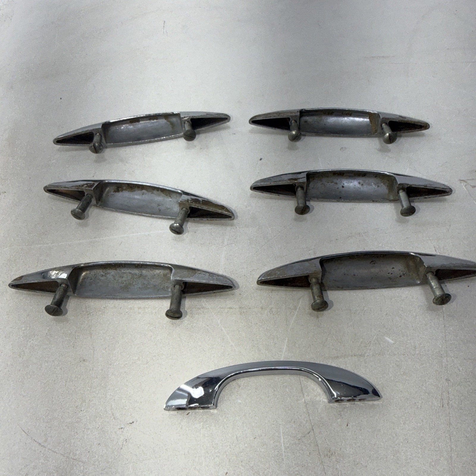 Lot of 6 Vtg Shiny Chrome MCM Art Deco 50’s Atomic Cabinet Drawer Pull Handle