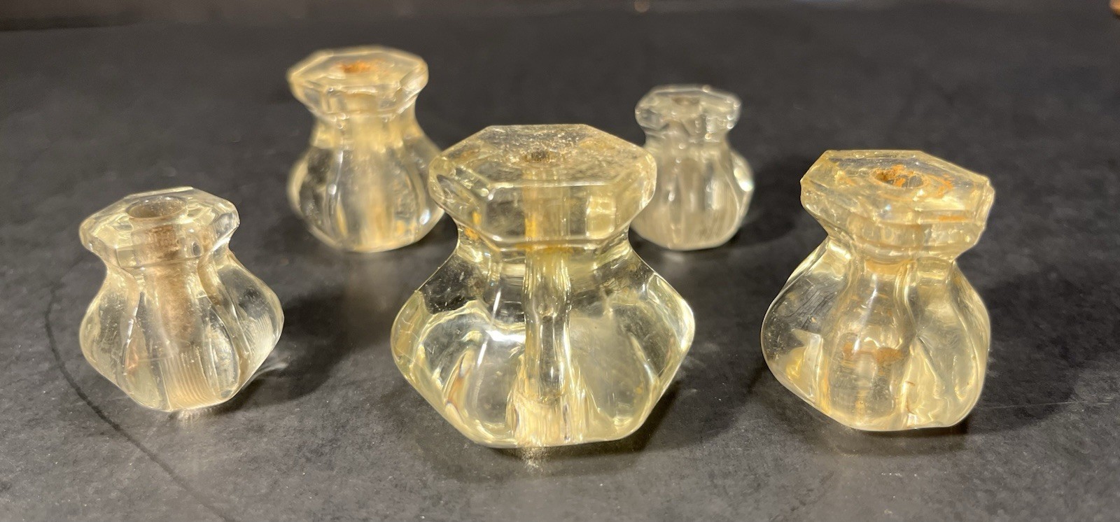 5 Vintage Hexagon Glass Drawer Knob Pulls Two Pairs & One Single