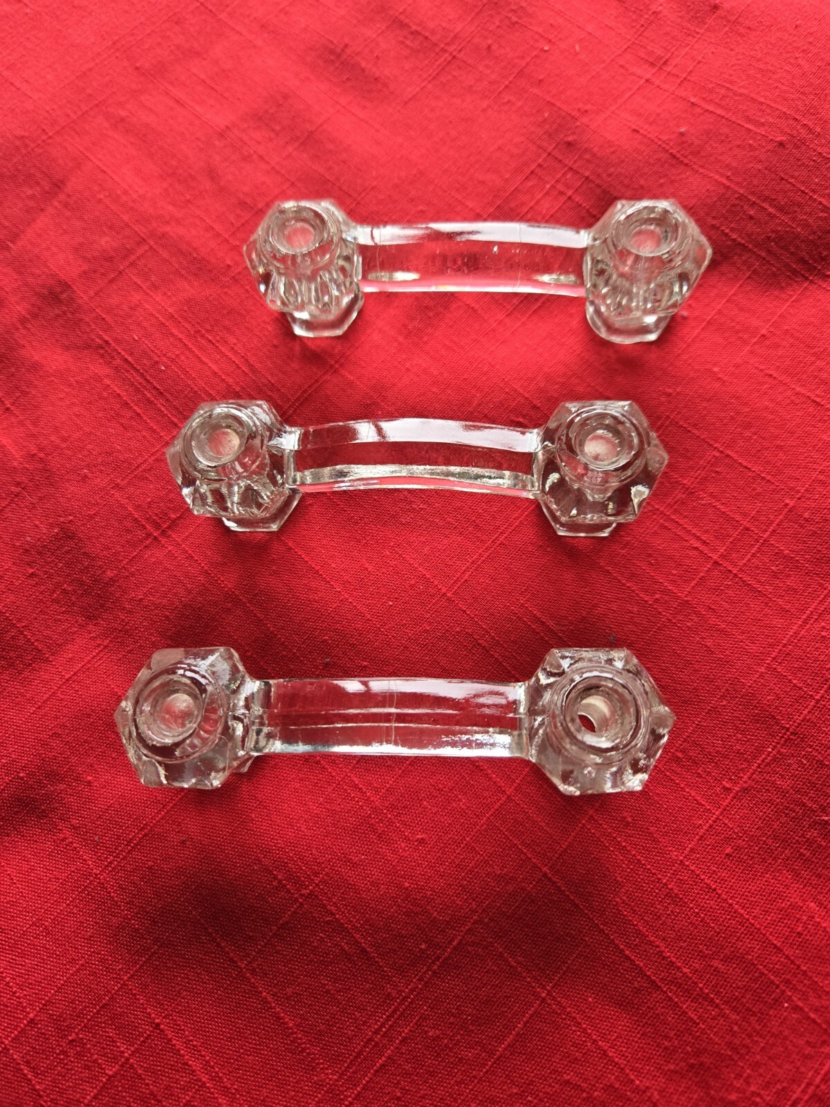 3 Vintage CLEAR GLASS 4” HANDLES With 3” Hole Spread Cabinet Drawer Pulls Knobs