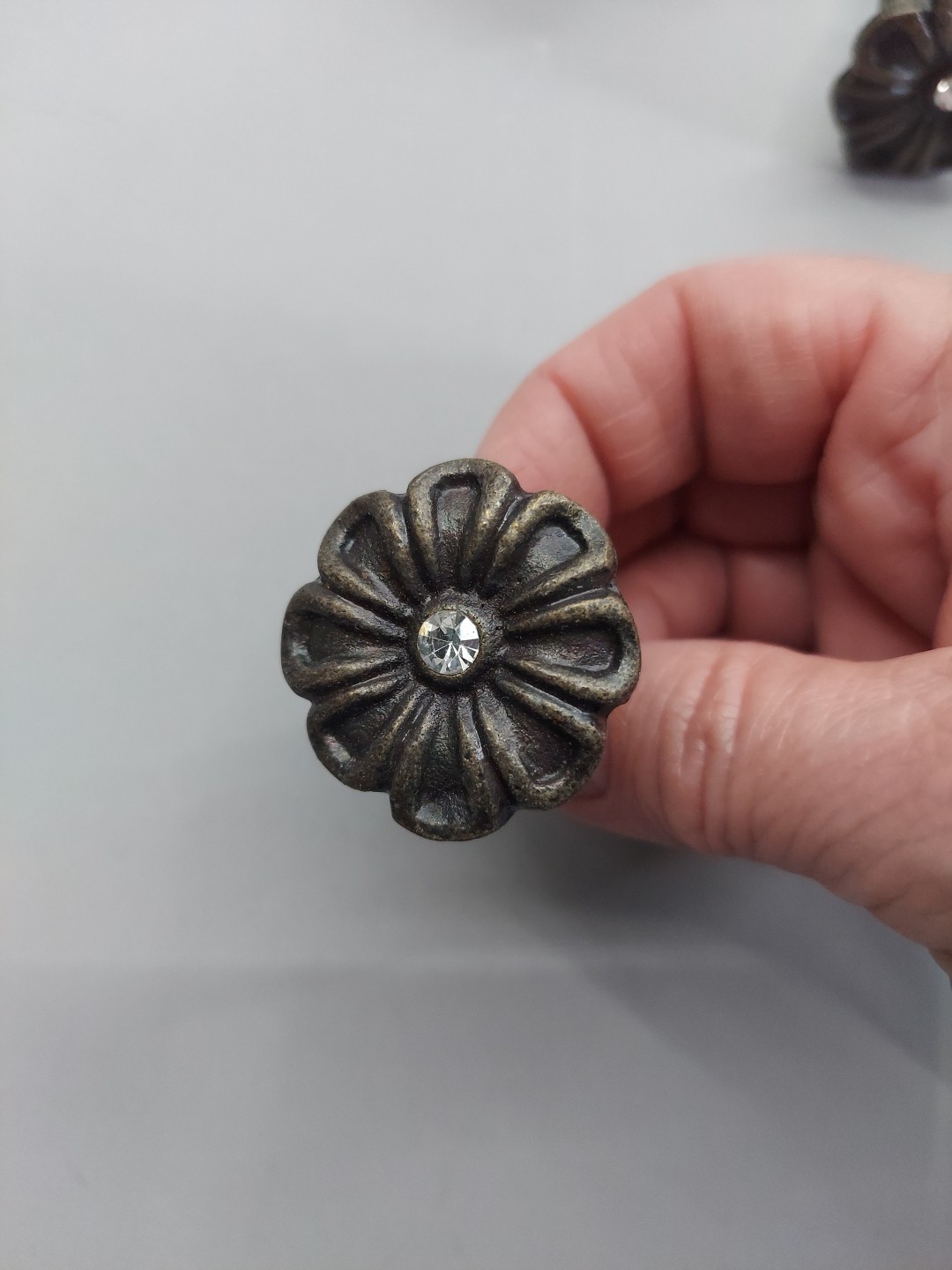 Lot 8 Metal Knobs Drawer Pulls Ornate Floral Embellished Brown Rhinestone