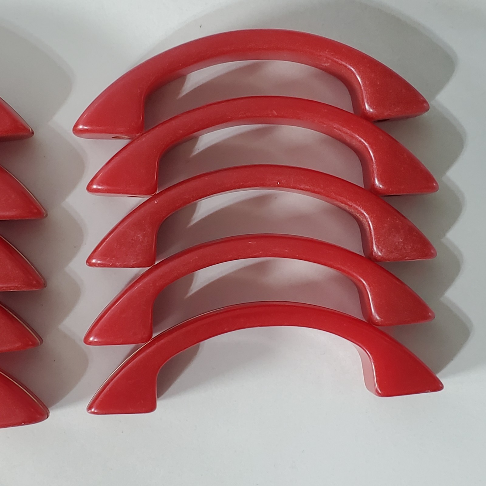 Bakelite Cherry Red White Stripe Art Deco Drawer Pull Cabinet Handle Set of 10