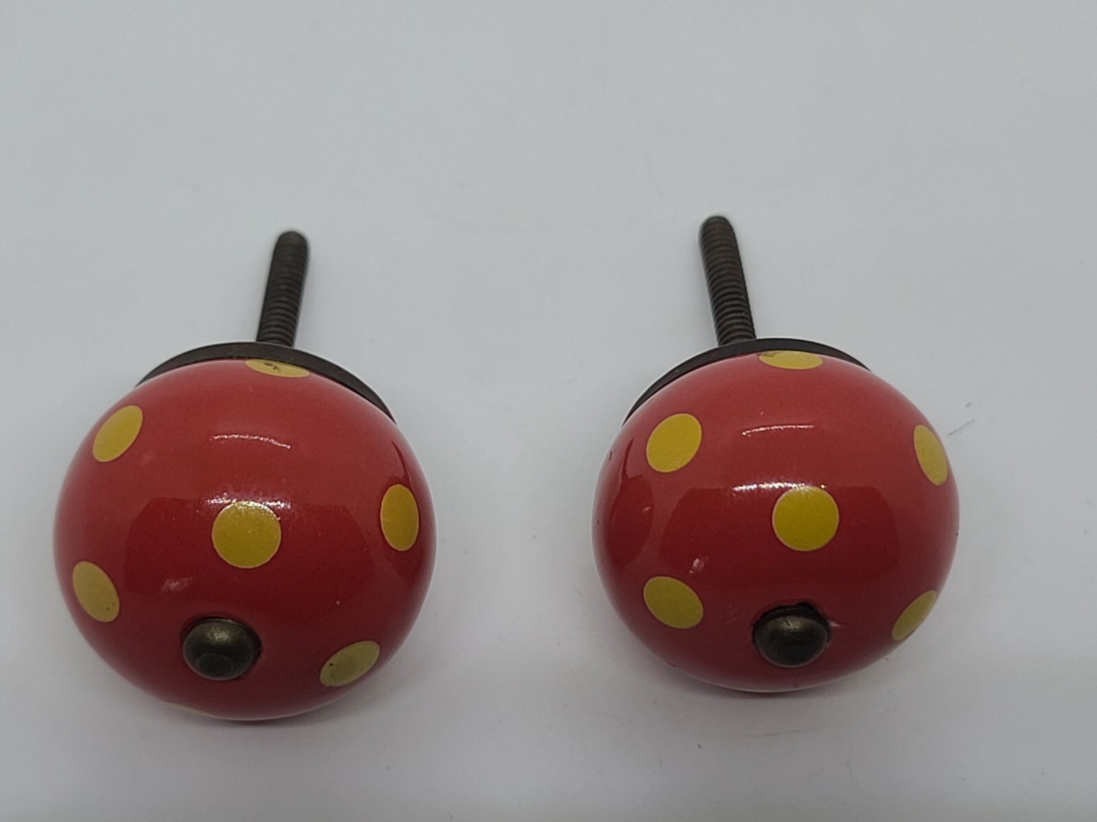 Antique Pair Red Round Porcelain with Yellow Spots Drawer Cabinet Pull Handles