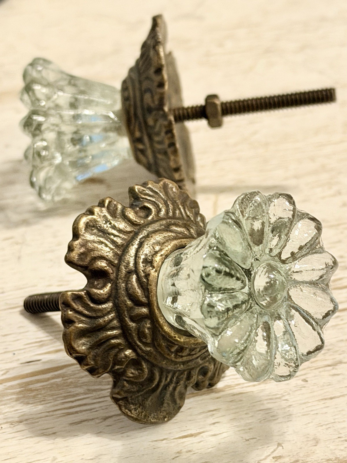 2 Antique Brass w/Glass Drawer Pulls Hardware Handles Vintage Cabinet Door Knob