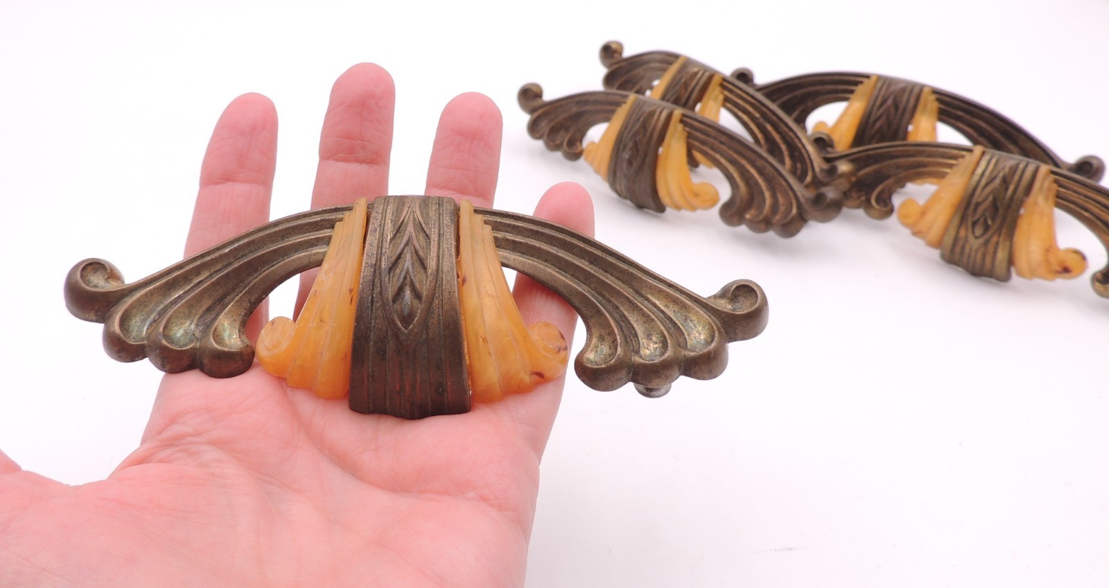 5 Art Deco Drawer Pull w/ Bakelite Vintage Knob Brasstone Waterfall Handle Set