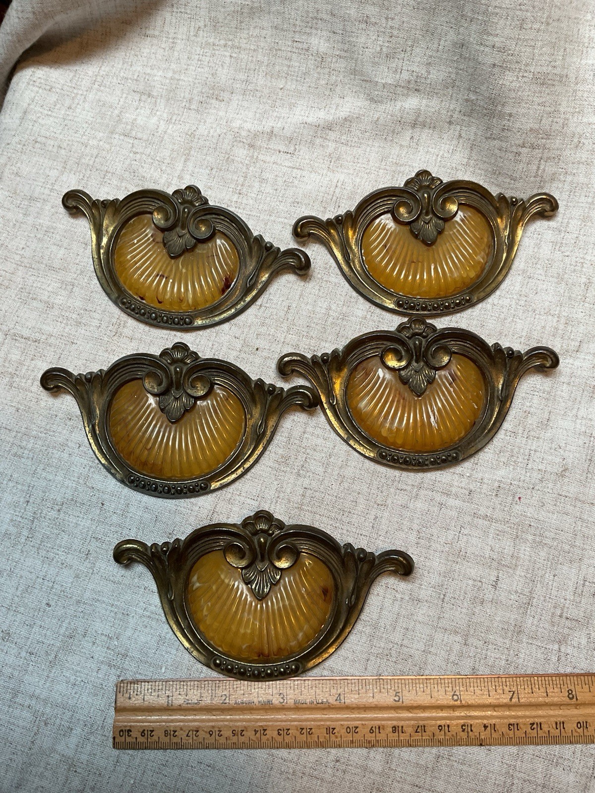 Vintage Keeler Bakelite Brass Waterfall Shell Handle Dresser Pulls (5) 1930s
