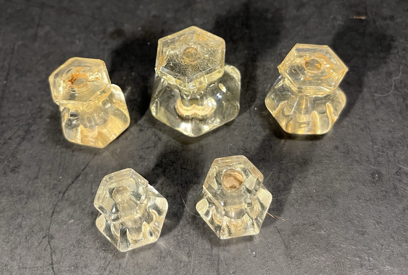 5 Vintage Hexagon Glass Drawer Knob Pulls Two Pairs & One Single