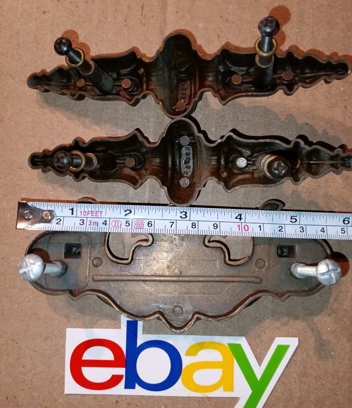 3 VINTAGE ANTIQUE LARGE BRASS DRAWER PULLS 5 1/2″ & 6″ R32372 EXCELLENT