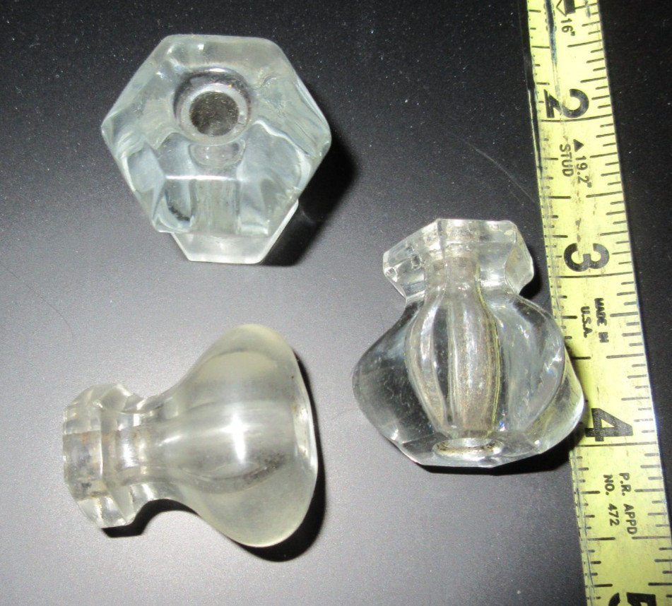 3 Vintage 6 sided Small Glass Crystal Cabinet Knobs Drawer Pulls No Hardware