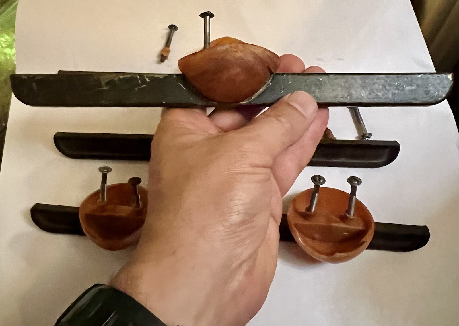 6 Rare Mid Century Modern/Retro Cabinet Drawer Pull Set, Copper And Bakelite?
